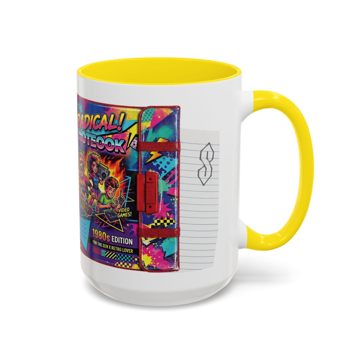 Radical 1980s Notebook Coffee Mug — Retro Neon Desk Gift (15oz)