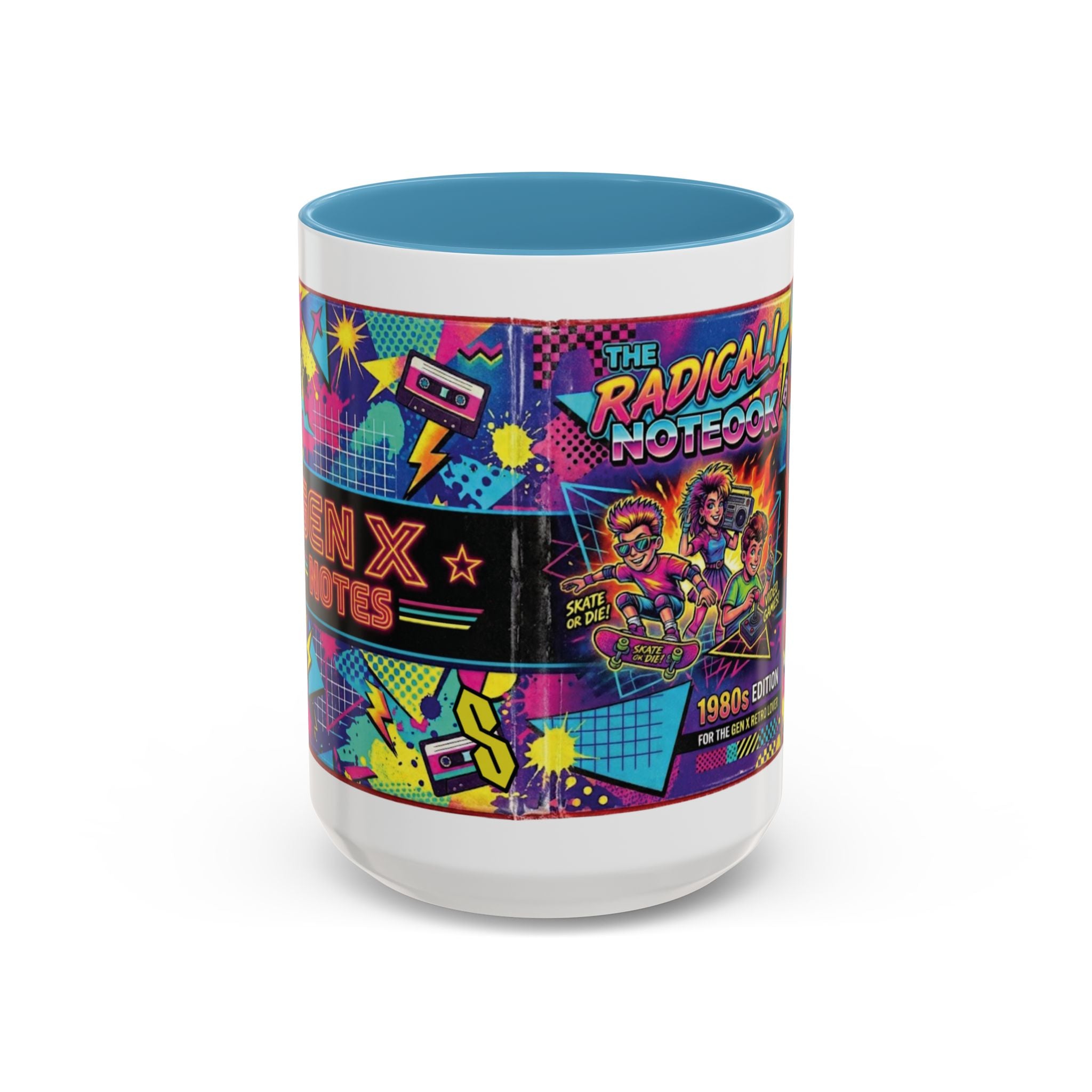 Radical 1980s Notebook Coffee Mug — Retro Neon Desk Gift (15oz)