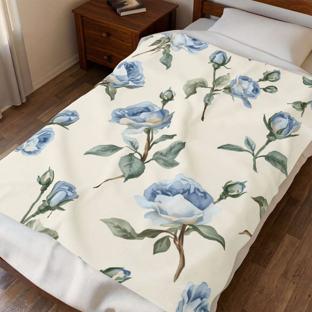 Blue Rose Velveteen Plush Blanket – Soft Floral Throw for Bedroom & Living Room