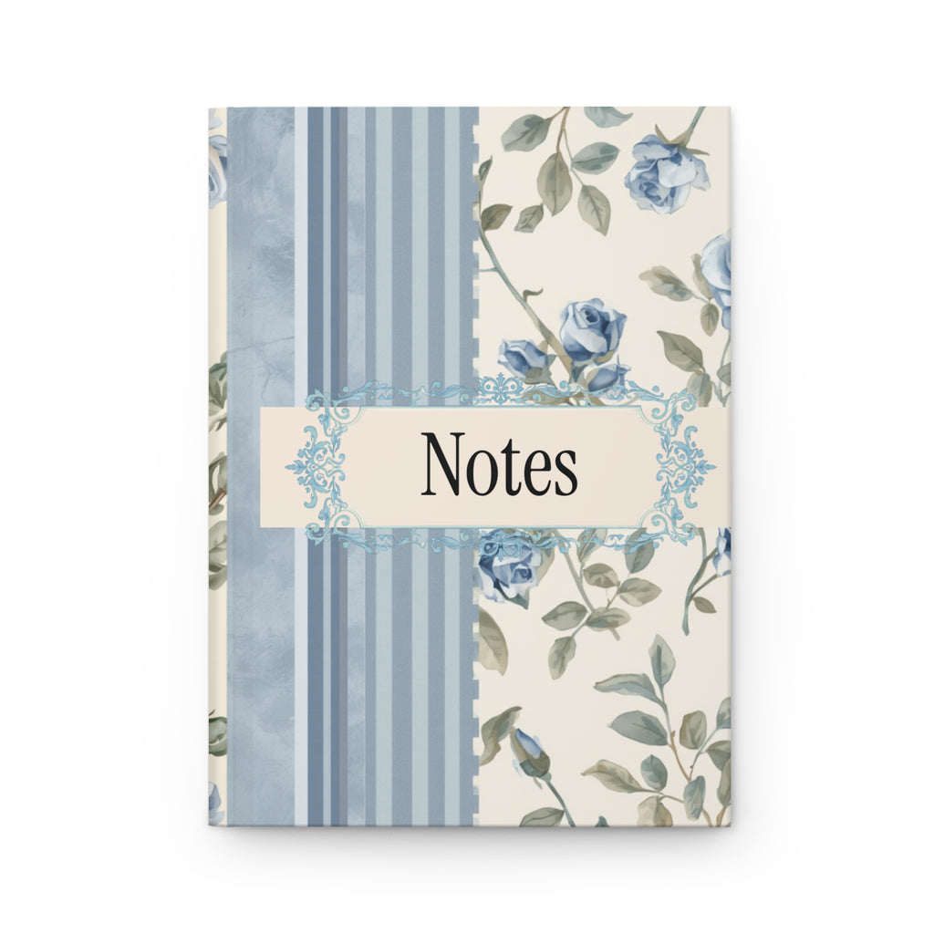 Floral Blue Roses Hardcover Journal — "Notes" Matte Notebook