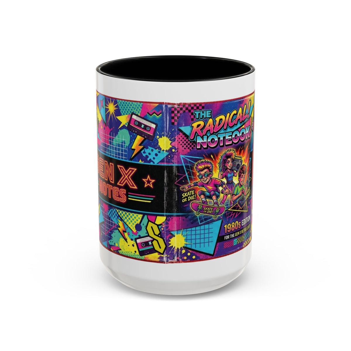 Radical 1980s Notebook Coffee Mug — Retro Neon Desk Gift (15oz)