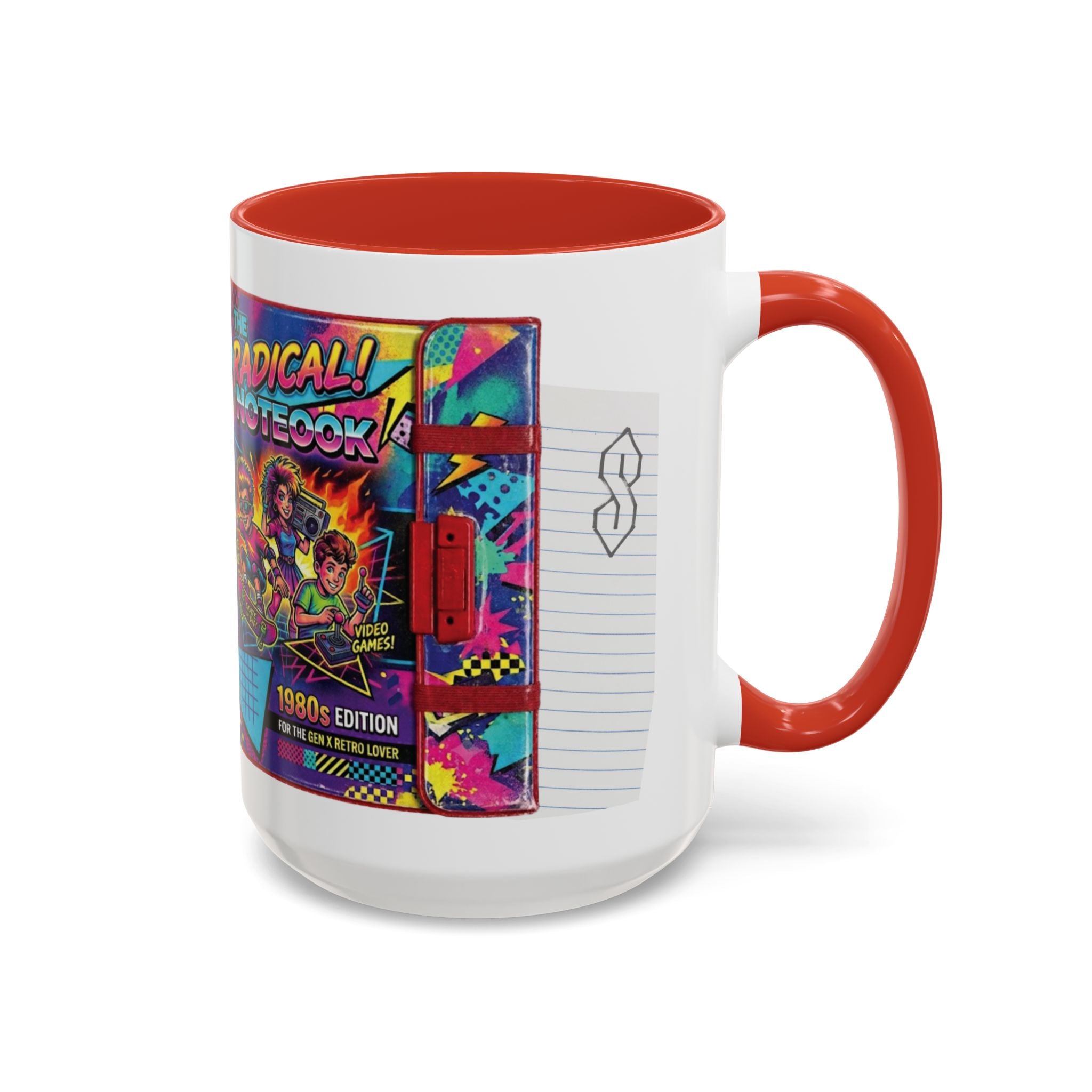 Radical 1980s Notebook Coffee Mug — Retro Neon Desk Gift (15oz)
