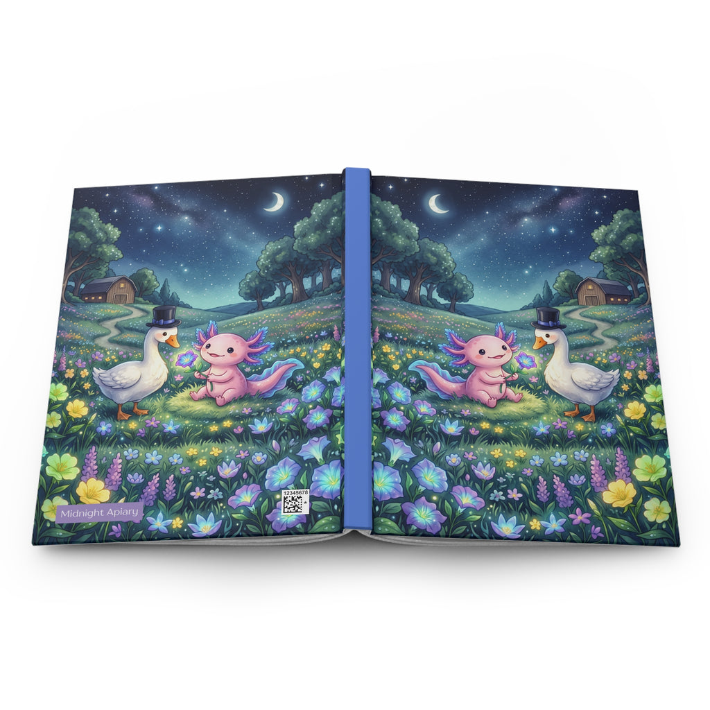 Hardcover Journal — Whimsical Night Meadow: Axolotl & Top-Hat Goose Illustration