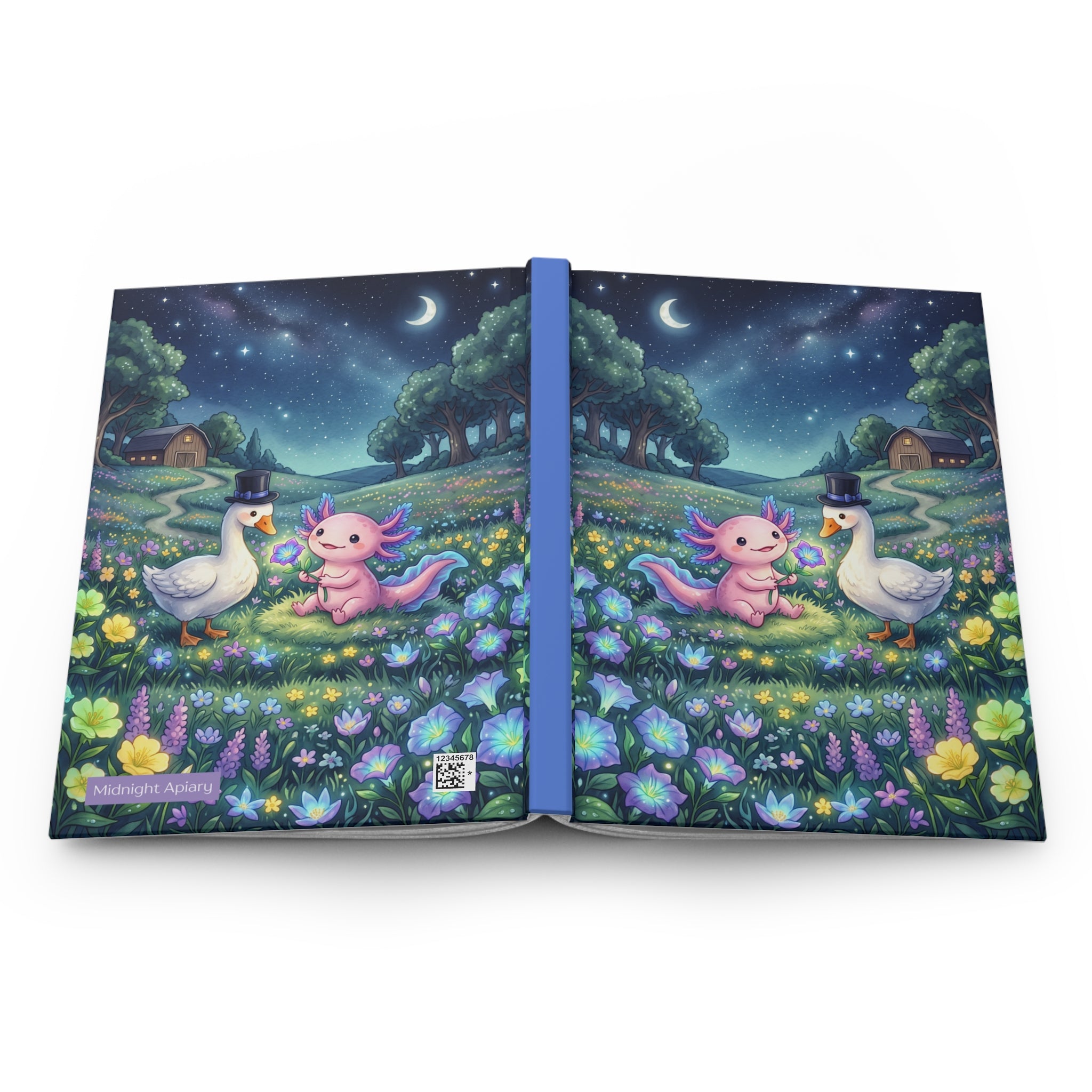 Hardcover Journal — Whimsical Night Meadow: Axolotl & Top-Hat Goose Illustration