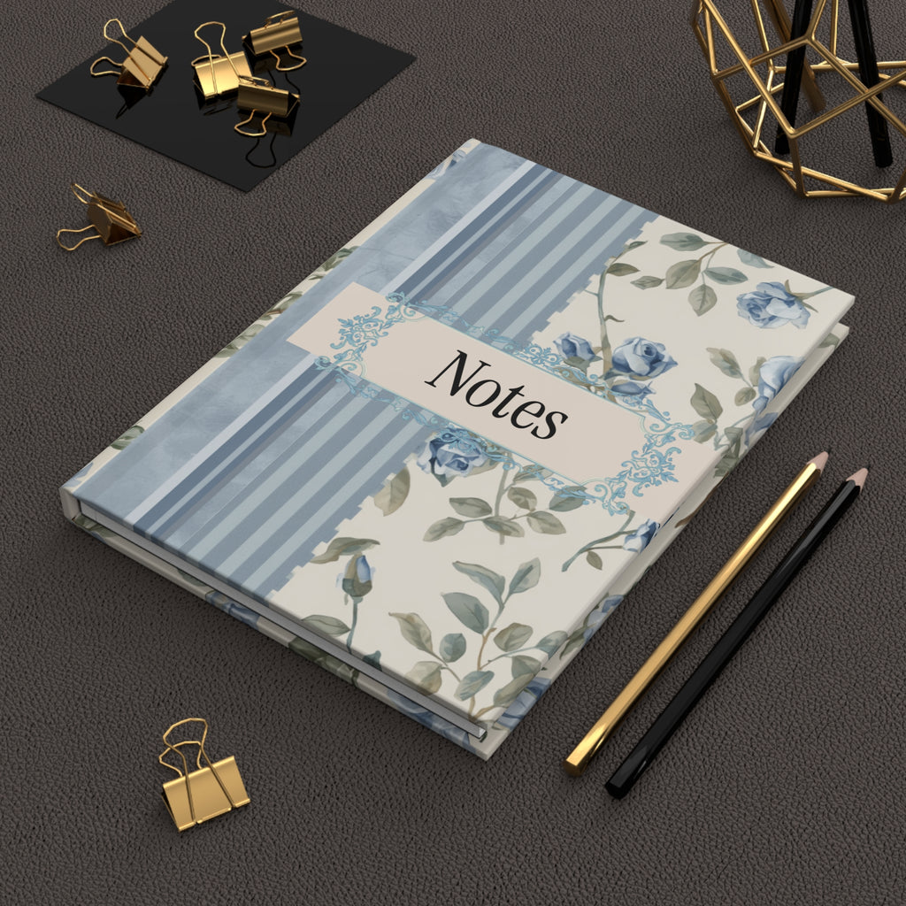 Floral Blue Roses Hardcover Journal — "Notes" Matte Notebook
