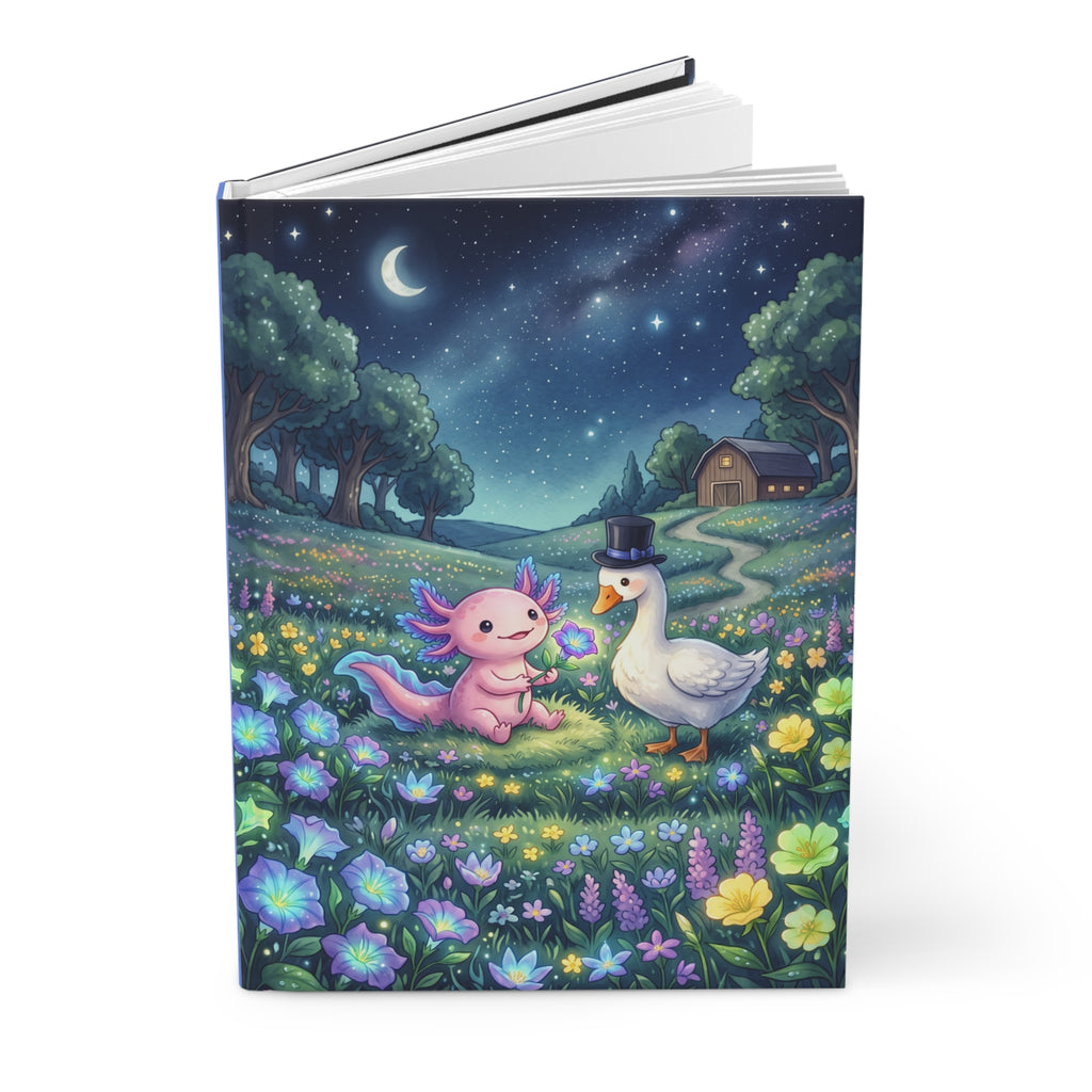 Hardcover Journal — Whimsical Night Meadow: Axolotl & Top-Hat Goose Illustration