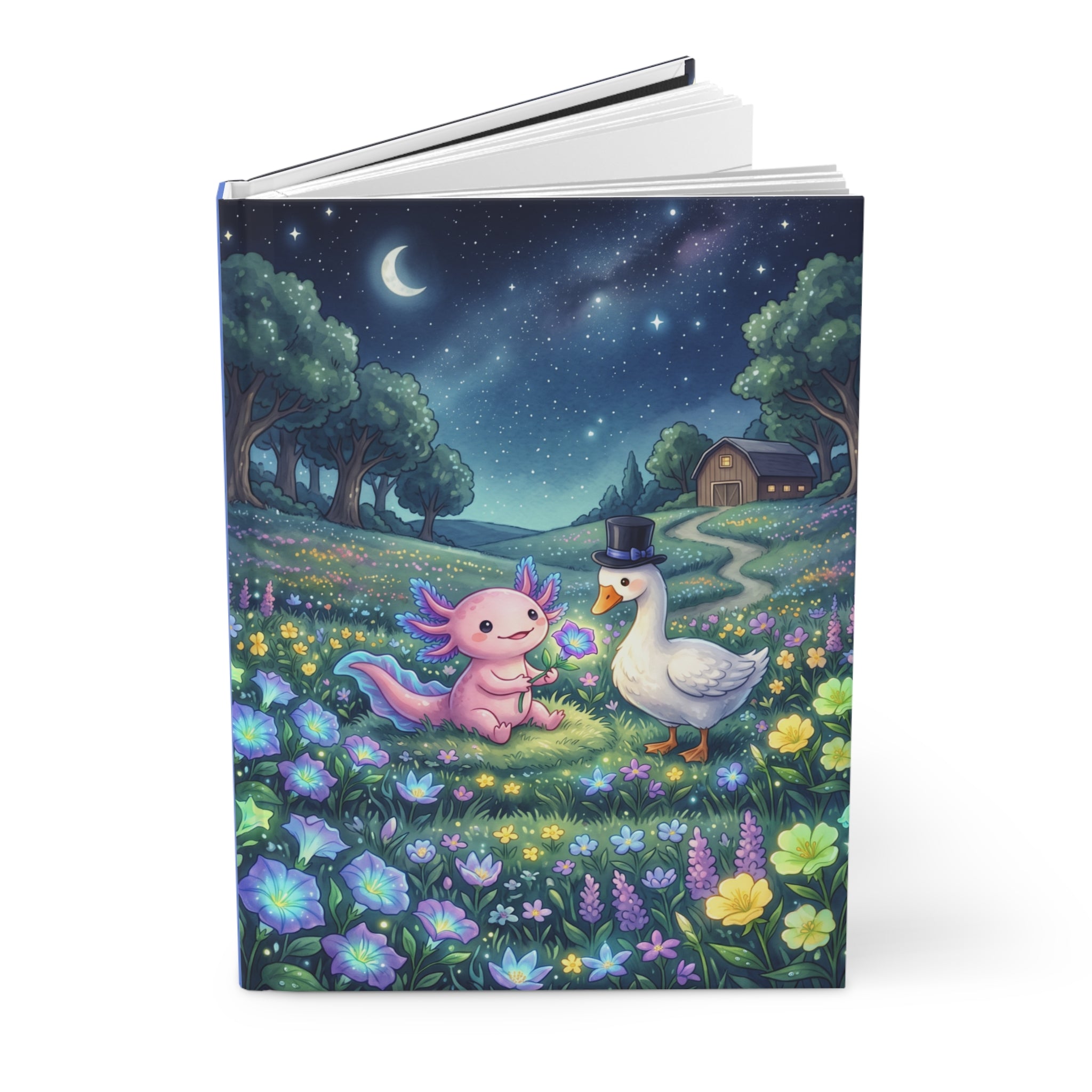 Hardcover Journal — Whimsical Night Meadow: Axolotl & Top-Hat Goose Illustration