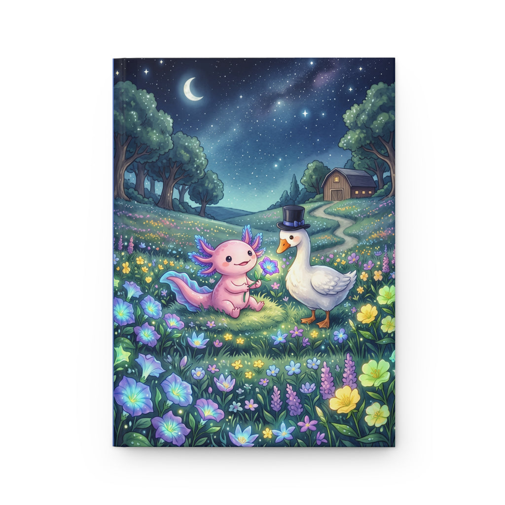 Hardcover Journal — Whimsical Night Meadow: Axolotl & Top-Hat Goose Illustration