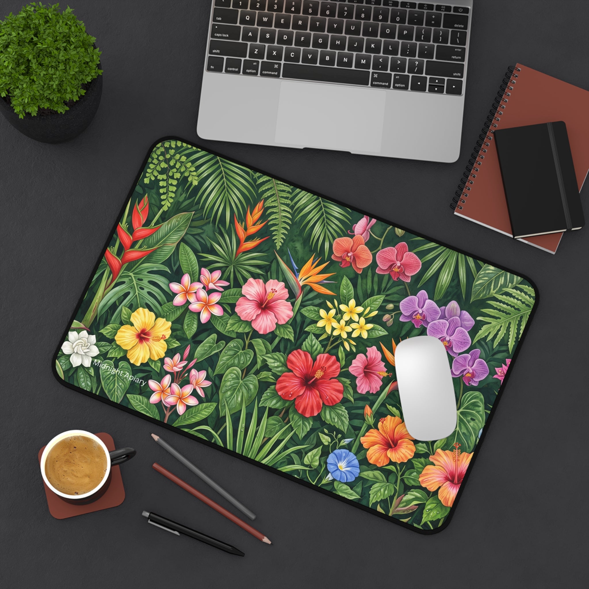 Tropical Floral Desk Mat — Colorful Hibiscus & Orchid Mouse Pad for Home Office