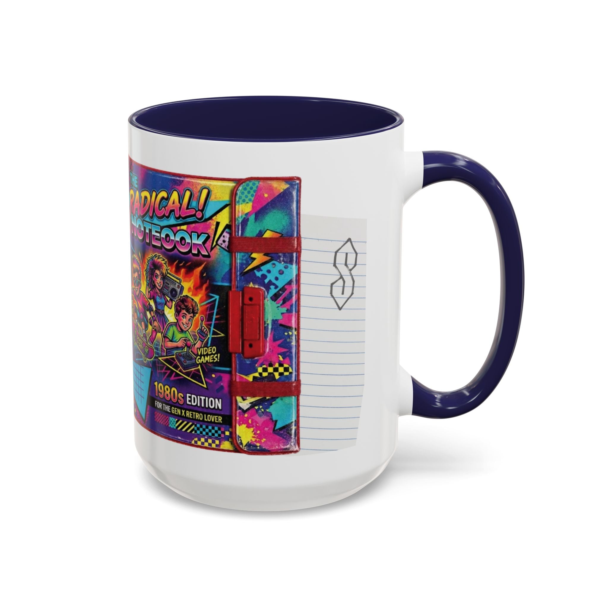 Radical 1980s Notebook Coffee Mug — Retro Neon Desk Gift (15oz)