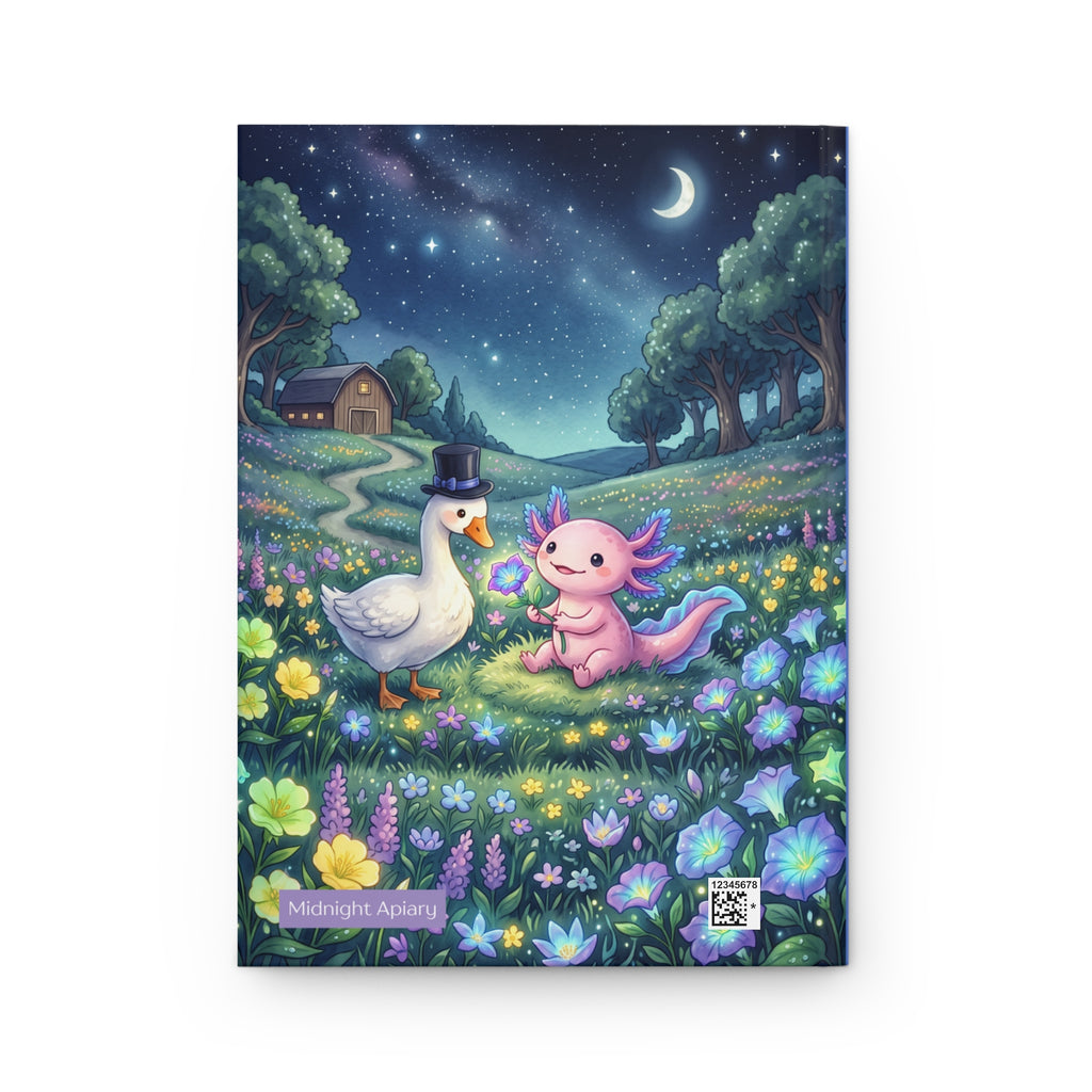 Hardcover Journal — Whimsical Night Meadow: Axolotl & Top-Hat Goose Illustration