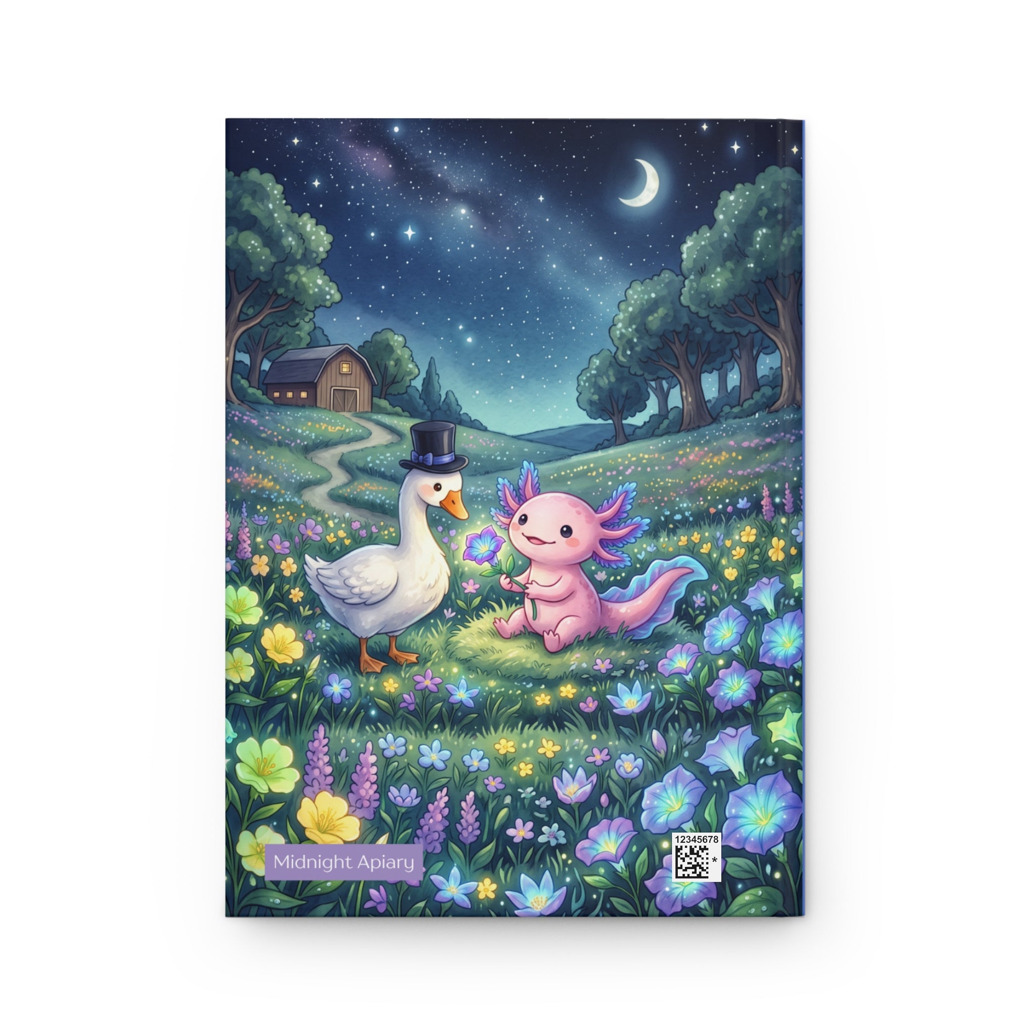 Hardcover Journal — Whimsical Night Meadow: Axolotl & Top-Hat Goose Illustration