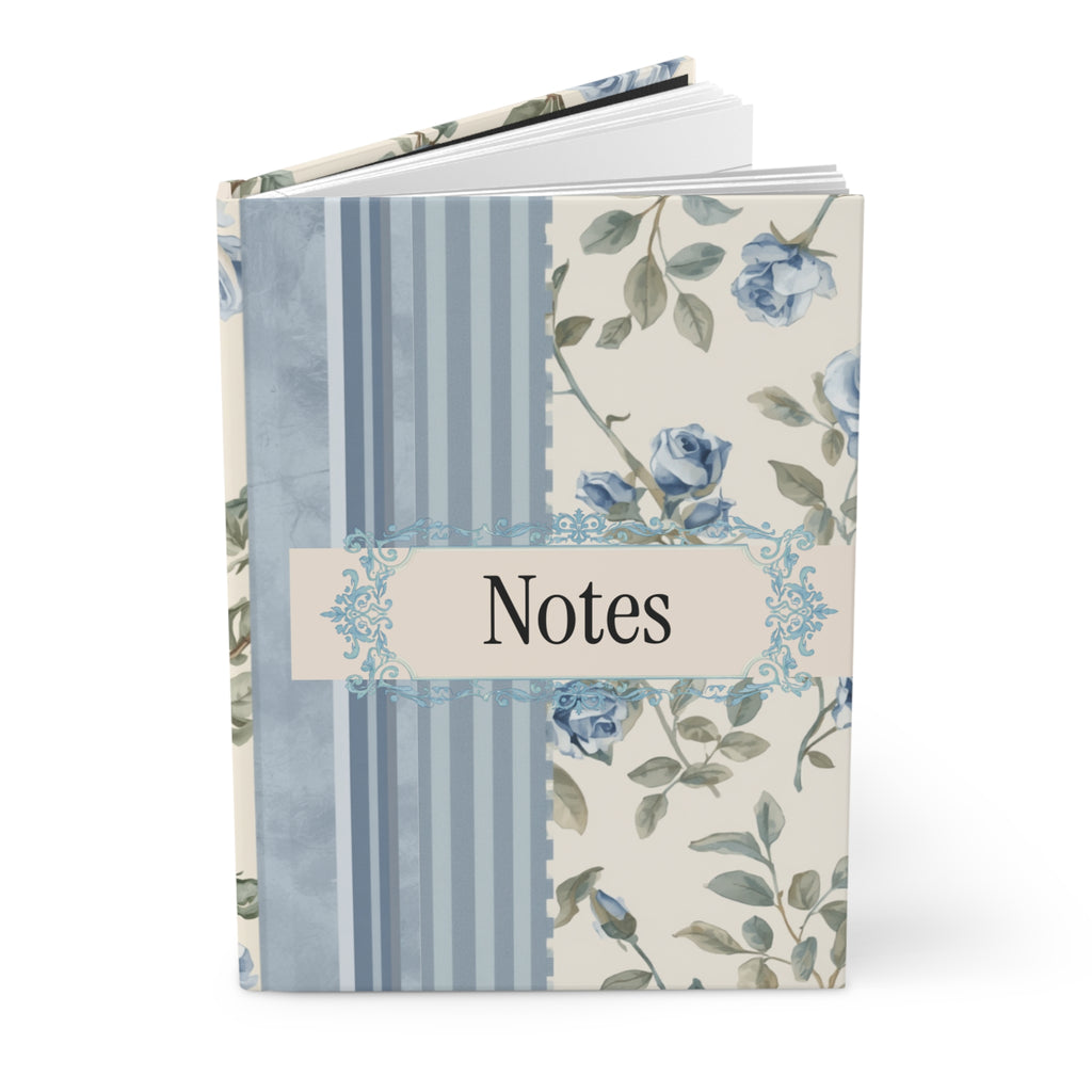 Floral Blue Roses Hardcover Journal — "Notes" Matte Notebook