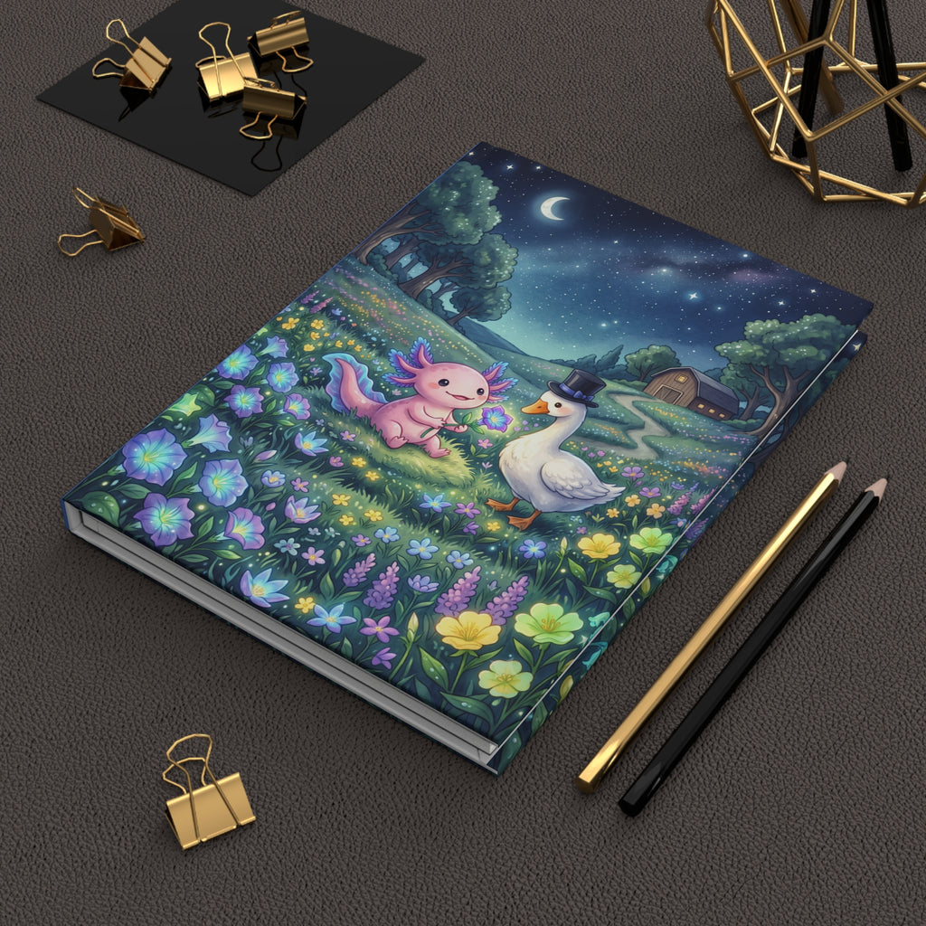 Hardcover Journal — Whimsical Night Meadow: Axolotl & Top-Hat Goose Illustration